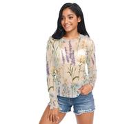 Camiseta transparente para mujer, cuello redondo, manga larga, malla, talla S, Flor de primavera, color beige lavanda, XXL