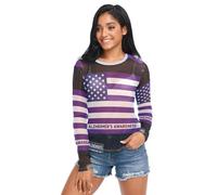 Camiseta transparente para mujer, diseño de bandera de Estados Unidos con cinta morada para la concienciación sobre la enfermedad de Alzheimer, manga larga de malla, talla S, Purple Ribbon Alzheimer's