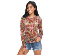 Camiseta transparente para mujer, diseño de leopardo con lazo, color cereza, estampado de leopardo, manga larga, transparente, talla S, Cherry Blush Bow Coquette Cute Leopard Girl, S
