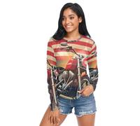 Camiseta transparente para mujer, diseño retro de la bandera de Estados Unidos, de malla, manga larga, transparente, talla S, Motocicleta con bandera de EE. UU, XXL