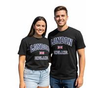 Camiseta unisex con bordado de Londres Inglaterra | Camiseta de algodón de primera calidad con parche de la bandera del Reino Unido | 4 colores | Tallas XS-4XL, Negro, M