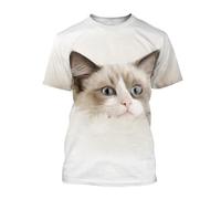Camiseta Unisex con Estampado 3D, diseño Creativo de Gato, Transpirable, Ligera, Cuello Redondo, Manga Corta Informal(White,XXS)