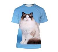 Camiseta Unisex con Estampado 3D, diseño Creativo de Gato, Transpirable, Ligera, Cuello Redondo, Manga Corta Informal(Blue,3XL)