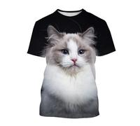 Camiseta Unisex con Estampado 3D, diseño Creativo de Gato, Transpirable, Ligera, Cuello Redondo, Manga Corta Informal(Black,XS)