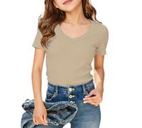 Camiseta Verano NiñA 6 AñOs,Camiseta De Manga Corta Acanalada con Cuello En V para NiñAs CóModa Casual para NiñAs Grandes Preadolescentes Suave Transpirable para Uso Diario