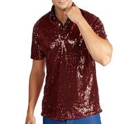 Camiseta Vintage de Lentejuelas para Hombre, Botones Manga Corta Superior de Fiesta Wine Red X-Grande
