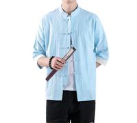 Camiseta vintage de lino con media manga para hombre, azul celeste, XXL