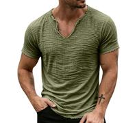 Camiseta vintage de lino sólido con cuello en V para hombre, borde deshilachado, detalle de borlas, silueta ligera, verano, playa, vacaciones, al aire libre, relajada, casual, Verde tirando a negro