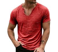 Camiseta vintage de lino sólido con cuello en V para hombre, borde deshilachado, detalle de borlas, silueta ligera, verano, playa, vacaciones, al aire libre, relajada, casual, rosso, XXL