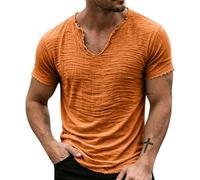 Camiseta vintage de lino sólido con cuello en V para hombre, borde deshilachado, detalle de borlas, silueta ligera, verano, playa, vacaciones, al aire libre, relajada, casual, naranja, XXL