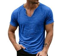 Camiseta vintage de lino sólido con cuello en V para hombre, borde deshilachado, detalle de borlas, silueta ligera, verano, playa, vacaciones, al aire libre, relajada, casual, azul, XL
