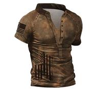 Camiseta vintage original para hombre, bandera nacional, impresión digital 3D, botón abierto, cuello alto, manga corta, camiseta de imitación de algodón, color piel, café, M