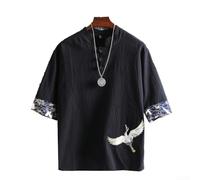 Camiseta vintage para hombre, media manga con detalle de botón de rana, mezcla de algodón y poliéster impresa, camiseta ligera casual para hombre (talla L, negro)