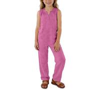 Camiseta y pantalones sin mangas de algodón y lino para niños de color liso para hermana mayor, ropa pequeña (rosa intenso, 3-4 años)