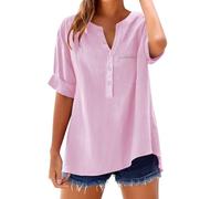 Camisetas Algodon Mujer Camisa Mujer Lino Algodón Manga Corta Camiseta Blusa Polo Ligero Verano Moda Casual Color Sólido Cómodo Suelto Cuello en V Botones Tops Elegante Basic tee Talla Grande-1