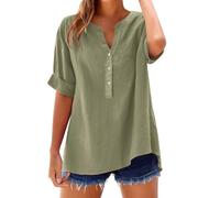 Camisetas Algodon Mujer Camisa Mujer Lino Algodón Manga Corta Camiseta Blusa Polo Ligero Verano Moda Casual Color Sólido Cómodo Suelto Cuello en V Botones Tops Elegante Basic tee Talla Grande-1
