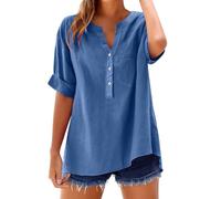 Camisetas Algodon Mujer Camisa Mujer Lino Algodón Manga Corta Camiseta Blusa Polo Ligero Verano Moda Casual Color Sólido Cómodo Suelto Cuello en V Botones Tops Elegante Basic tee Talla Grande-1