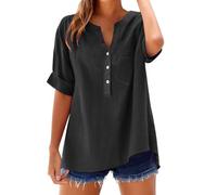 Camisetas Algodon Mujer Camisa Mujer Lino Algodón Manga Corta Camiseta Blusa Polo Ligero Verano Moda Casual Color Sólido Cómodo Suelto Cuello en V Botones Tops Elegante Basic tee Talla Grande-1