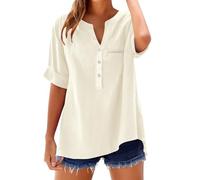 Camisetas Algodon Mujer Camisa Mujer Lino Algodón Manga Corta Camiseta Blusa Polo Ligero Verano Moda Casual Color Sólido Cómodo Suelto Cuello en V Botones Tops Elegante Basic tee Talla Grande-1