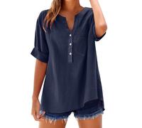 Camisetas Algodon Mujer Camisa Mujer Lino Algodón Manga Corta Camiseta Blusa Polo Ligero Verano Moda Casual Color Sólido Cómodo Suelto Cuello en V Botones Tops Elegante Basic tee Talla Grande-1