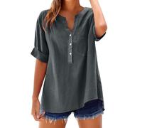 Camisetas Algodon Mujer Camisa Mujer Lino Algodón Manga Corta Camiseta Blusa Polo Ligero Verano Moda Casual Color Sólido Cómodo Suelto Cuello en V Botones Tops Elegante Basic tee Talla Grande-1