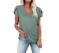 Camisetas básicas de manga corta para mujer, cuello en V, elegantes, informales, holgadas, con ojales, lindos trajes de moda fluidos, verde, XL
