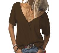 Camisetas básicas para mujer, Moda con cuello en V profundo manga corta,Tops casuales de media manga, camisetas sueltas casuales, marrón, 3XL