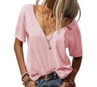 Camisetas básicas para mujer, Moda con cuello en V profundo manga corta,Tops casuales de media manga, camisetas sueltas casuales, Rosa., L