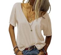 Camisetas básicas para mujer, Moda con cuello en V profundo manga corta,Tops casuales de media manga, camisetas sueltas casuales, albaricoque, 5XL