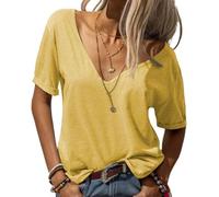 Camisetas básicas para mujer, Moda con cuello en V profundo manga corta,Tops casuales de media manga, camisetas sueltas casuales, amarillo, 4XL