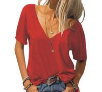 Camisetas básicas para mujer, Moda con cuello en V profundo manga corta,Tops casuales de media manga, camisetas sueltas casuales, rojo, XXL