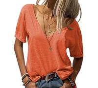 Camisetas básicas para mujer, Moda con cuello en V profundo manga corta,Tops casuales de media manga, camisetas sueltas casuales, naranja, L