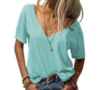 Camisetas básicas para mujer, Moda con cuello en V profundo manga corta,Tops casuales de media manga, camisetas sueltas casuales, verde petróleo, 4XL
