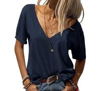Camisetas básicas para mujer, Moda con cuello en V profundo manga corta,Tops casuales de media manga, camisetas sueltas casuales, azul oscuro, XXL