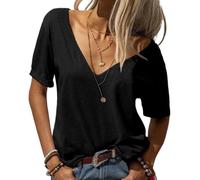 Camisetas básicas para mujer, Moda con cuello en V profundo manga corta,Tops casuales de media manga, camisetas sueltas casuales, Negro , M