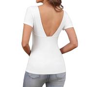 Camisetas Blanco Mujer Manga Corta Cuello Cuadrado con Espalda Descubierta Blusas Mujer Verano Elegantes Corte Ajustado Top Sexy Moda Casual Y2K S