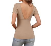 Camisetas Caqui Manga Corta Mujer Cuello Cuadrado con Espalda Descubierta Blusas Mujer Verano Elegantes Corte Ajustado Top Sexy Moda Casual Y2K L