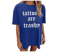 Camisetas casuales con diseño de tatuajes para mujer, con letras bonitas, atléticas, holgadas, de gran tamaño, de manga corta, para verano, camisetas de moda con cuello redondo para salir, azul, S