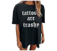 Camisetas casuales con diseño de tatuajes para mujer, con letras bonitas, atléticas, holgadas, de gran tamaño, de manga corta, para verano, camisetas de moda con cuello redondo para salir, Negro, L