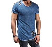 Camisetas Casuales de Manga Corta para Hombre Camiseta Ajustada con diseño musculoso y Agujeros Rasgados