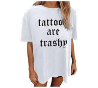Camisetas casuales de manga corta para mujer, con diseño de tatuajes, holgadas, holgadas, holgadas, de gran tamaño, con cuello redondo, estilo occidental, con letras 2026, bonitas gráficas, blanco, XL