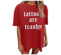 Camisetas casuales de manga corta para mujer, con diseño de tatuajes, holgadas, holgadas, holgadas, de gran tamaño, con cuello redondo, estilo occidental, con letras 2026, bonitas gráficas, rosso, L