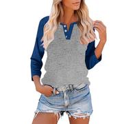 Camisetas casuales para mujer, talla grande, bloque de color, manga 3/4, ligera, básica, ligera, cómoda, deportiva, ajuste holgado, cuello redondo, tallas S-3XL, 003 y azul marino, XL