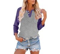 Camisetas casuales para mujer, talla grande, bloque de color, manga 3/4, ligera, básica, ligera, cómoda, deportiva, ajuste holgado, cuello redondo, tallas S-3XL, 003 y morado, XXX-Large