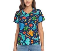 Camisetas clásicas con cuello en V con estampado de pulpo y ballena oceánica para mujer, camisetas de entrenamiento, para uso diario, Negro, XXL