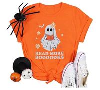 Camisetas clásicas de Halloween para mujer, cuello redondo, túnica de bruja, manga corta, moderna, para viajes, calavera, camisetas estampadas al aire libre, ropa de calle para mujer, naranja, S
