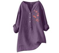 Camisetas cómodas de lino y algodón para mujer 2026, manga 3/4, camisas de otoño de gran tamaño, estilo casual, de cumpleaños, túnica de manga larga, cuello en V con gráfico alto y bajo, gasa arrugada