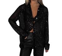 Camisetas con lentejuelas mujer elegante plata manga larga camisetas brillantes Navidad camiseta Curvy Cardigan camiseta tallas grandes strass camisa noche brillo oro Blusa Año Nuevo Tops, Negro , S