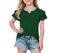 Camisetas con volantes para niñas, lindas camisetas de verano con cuello en V de manga corta, ajuste holgado, color sólido, camiseta informal para la escuela, moderna, de algodón suave, transpirable
