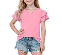 Camisetas con volantes para niñas, lindas camisetas de verano con cuello en V de manga corta, ajuste holgado, color sólido, camiseta informal para la escuela, moderna, de algodón suave, transpirable